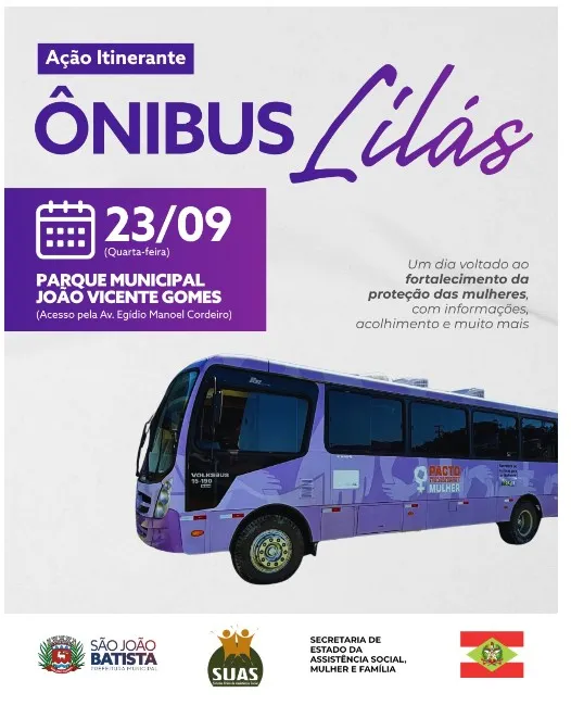 Voltado à prevenção da violência contra a mulher, Ônibus Lilás retorna a São João Batista no dia 23 de setembro